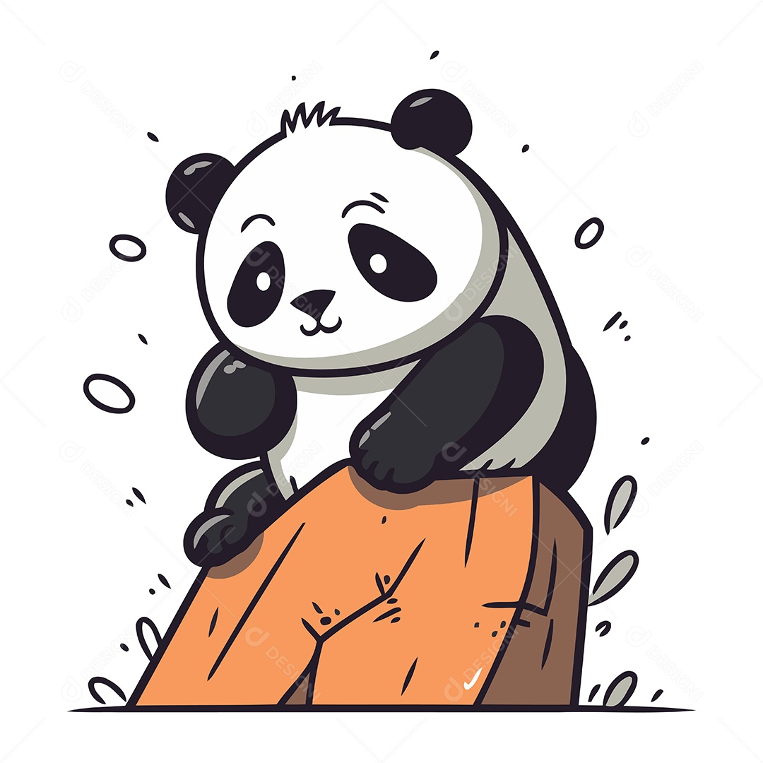 Panda Fofo Sentado em uma Pedra de Desenho Animado Ilustração Vetor EPS