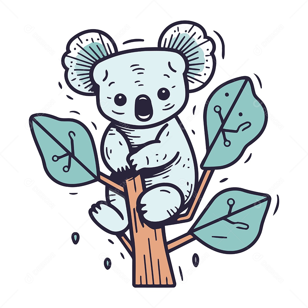 Coala Fofo Sentado em uma Árvore de Desenho Animado Ilustração Vetor EPS