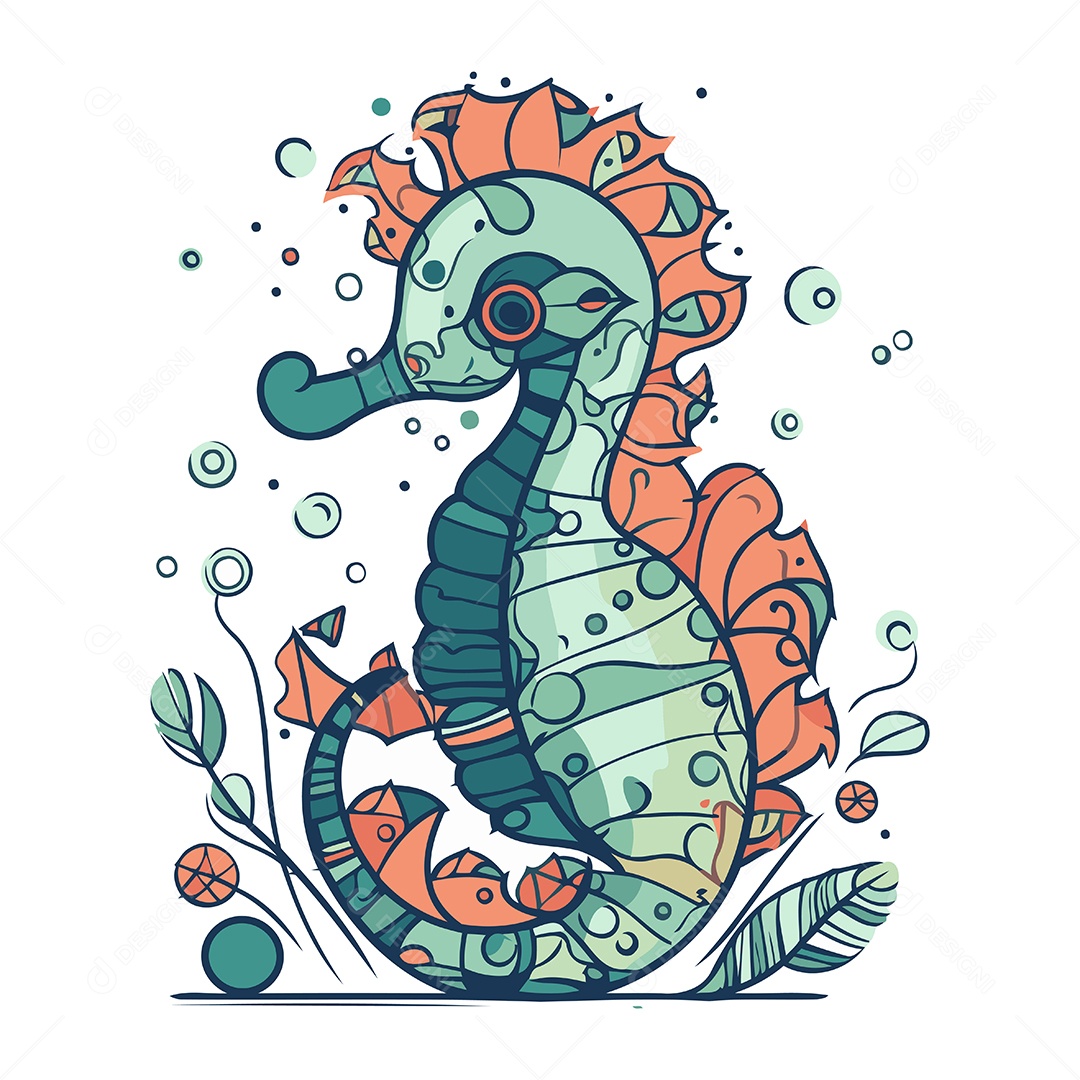 Cavalo Marinho e Algas de Desenho Animado Ilustração Vetor EPS