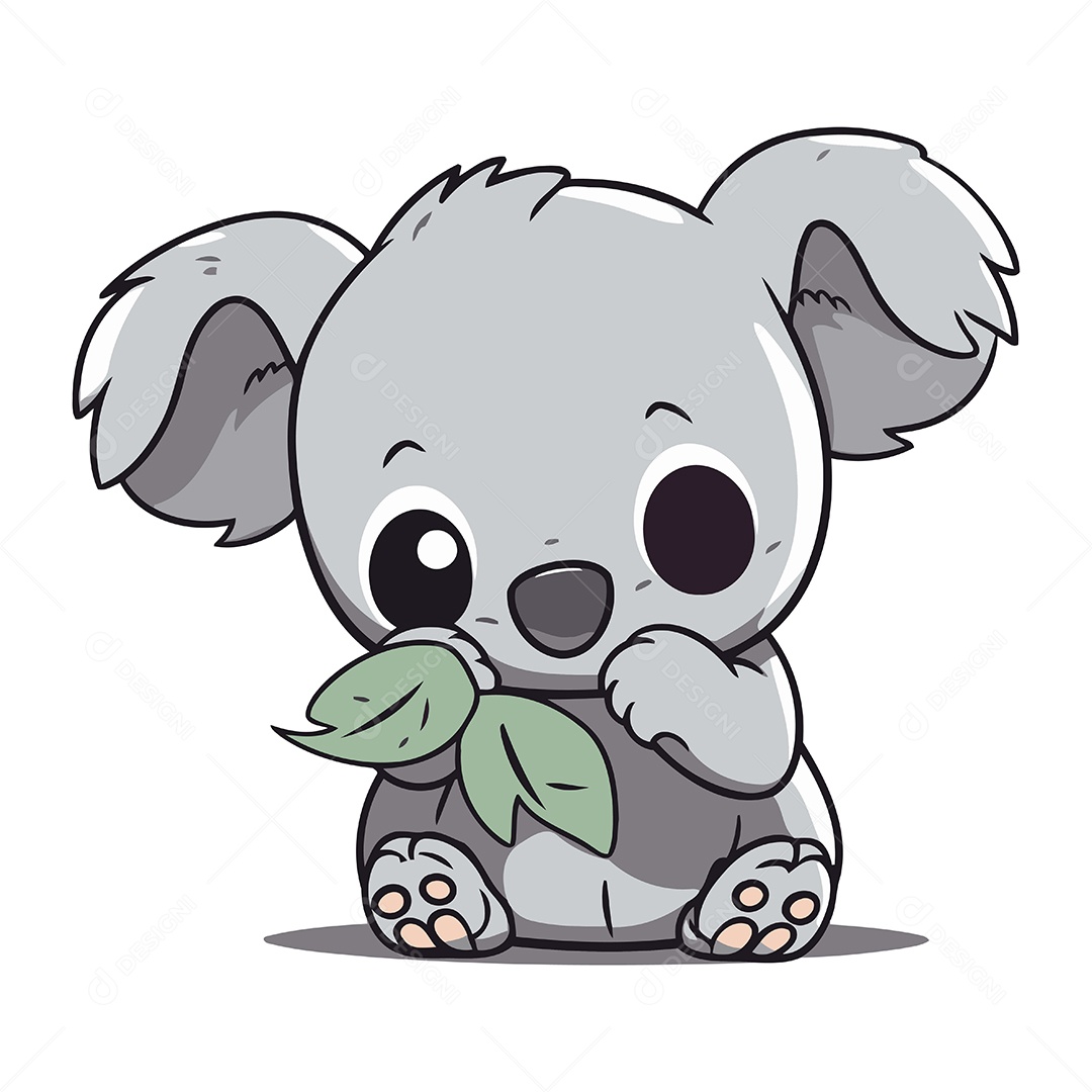 Coala Fofo de Desenho Animado Segurando uma Folha Verde Ilustração Vetor EPS