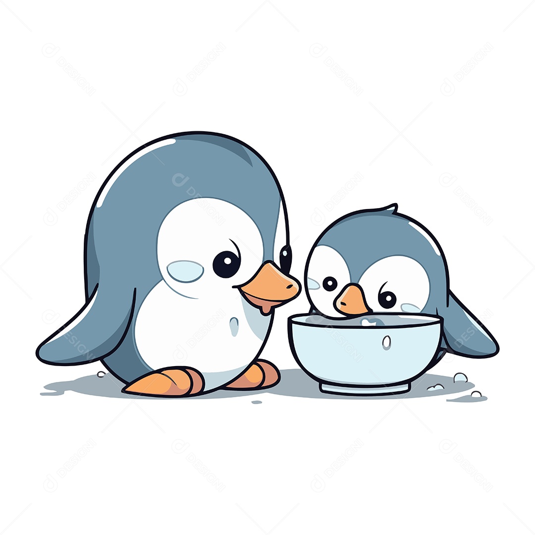 Pinguim Fofo de Desenho Animado Comendo em uma Tigela Ilustração Vetor EPS