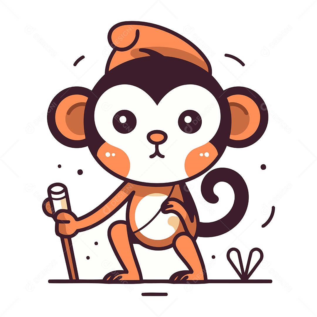 Macaco Fofo de Desenho Animado com Boné e um Bastão Ilustração Vetor EPS