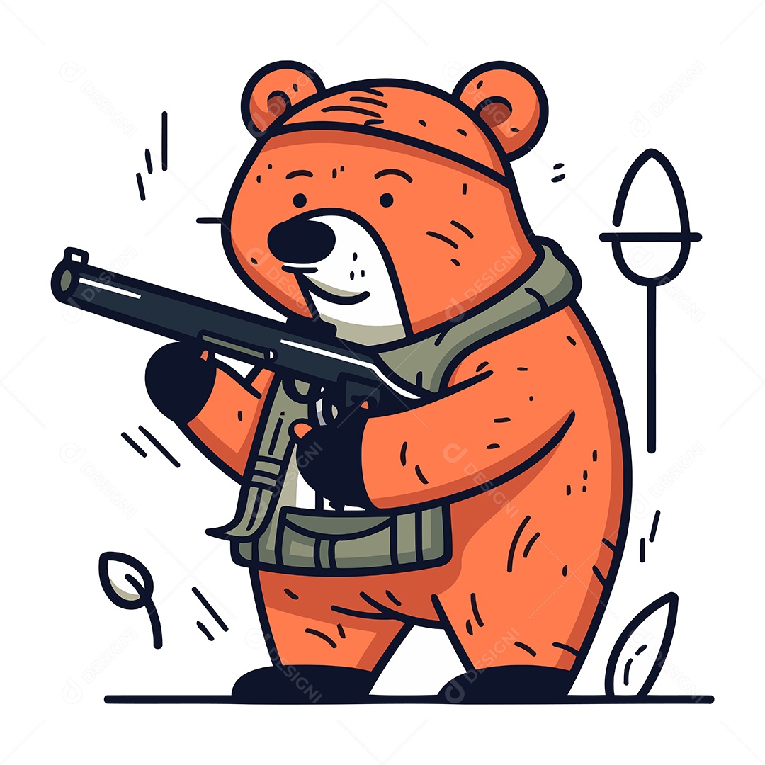 Urso em Uniforme Militar com uma Arma Desenho Animado Ilustração Vetor EPS