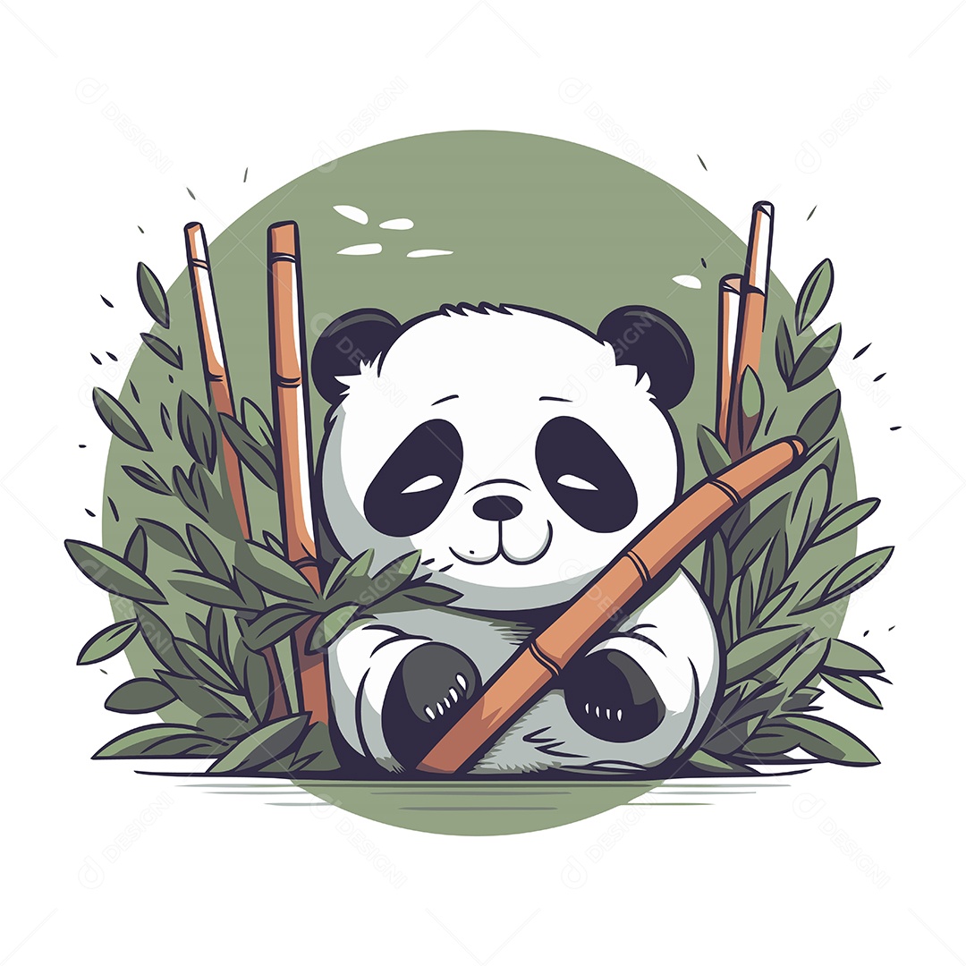 Urso Panda Fofo de Desenho Animado com Bambu Ilustração Vetor EPS