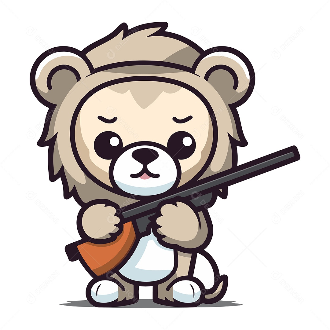 Leão de Desenho Animado com Arma Ilustração Vetor EPS