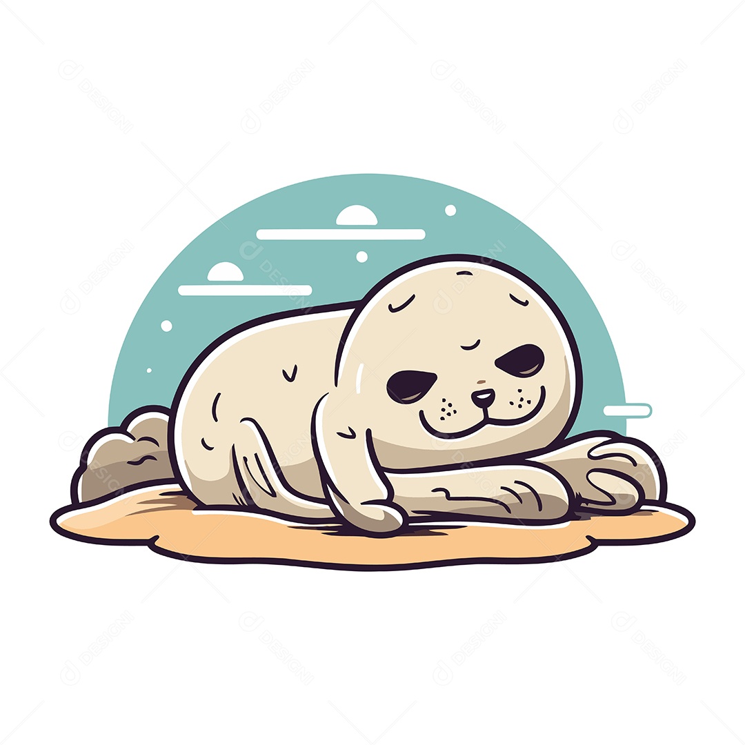 Foca Fofa Dormindo na Areia de Desenho Animado Ilustração Vetor EPS