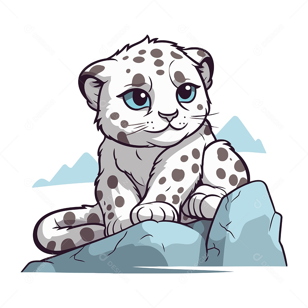 Leopardo da Neve Sentado em uma Pedra de Desenho Animado Ilustração Vetor EPS