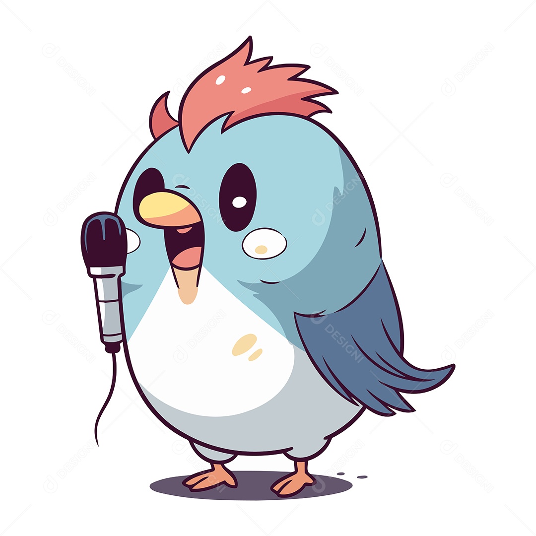 Pássaro Bonito de Desenho Animado Cantando Karaokê com Microfone Ilustração Vetor EPS