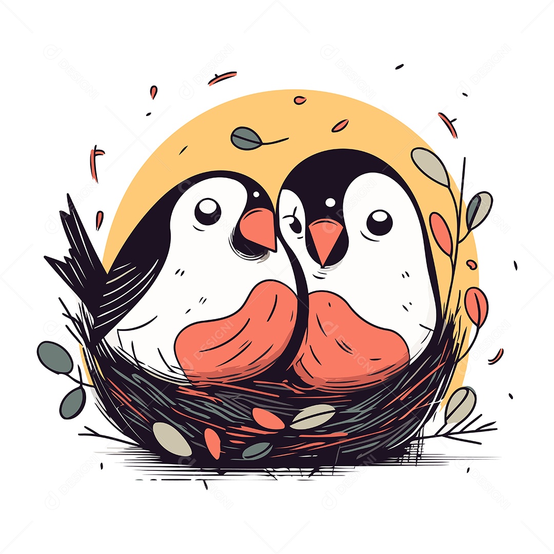 Dois Pássaros no Ninho de Desenho Animado Ilustração Vetor EPS