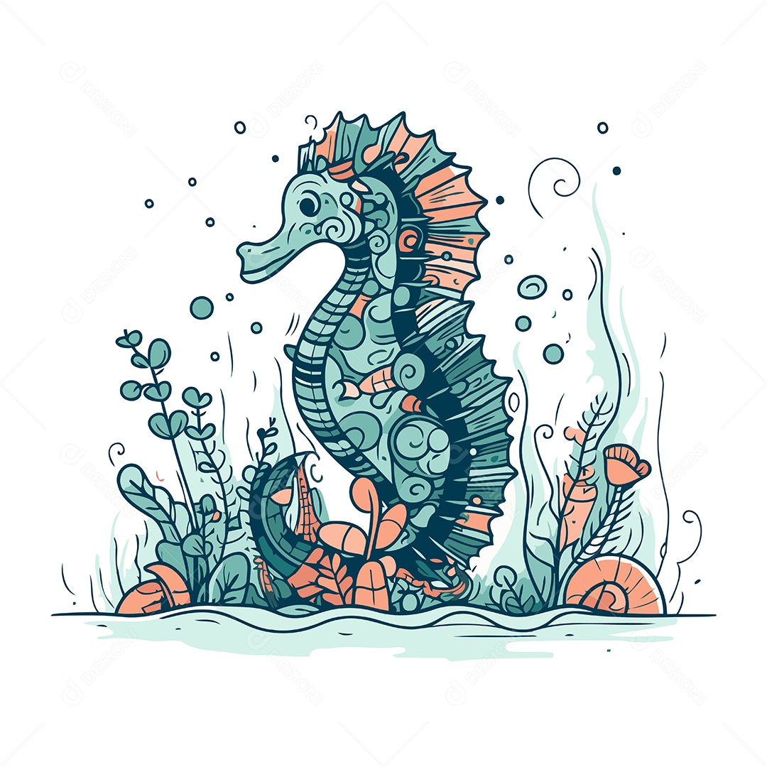 Cavalo Marinho de Desenho Animado com Algas Marinhas Ilustração Vetor EPS