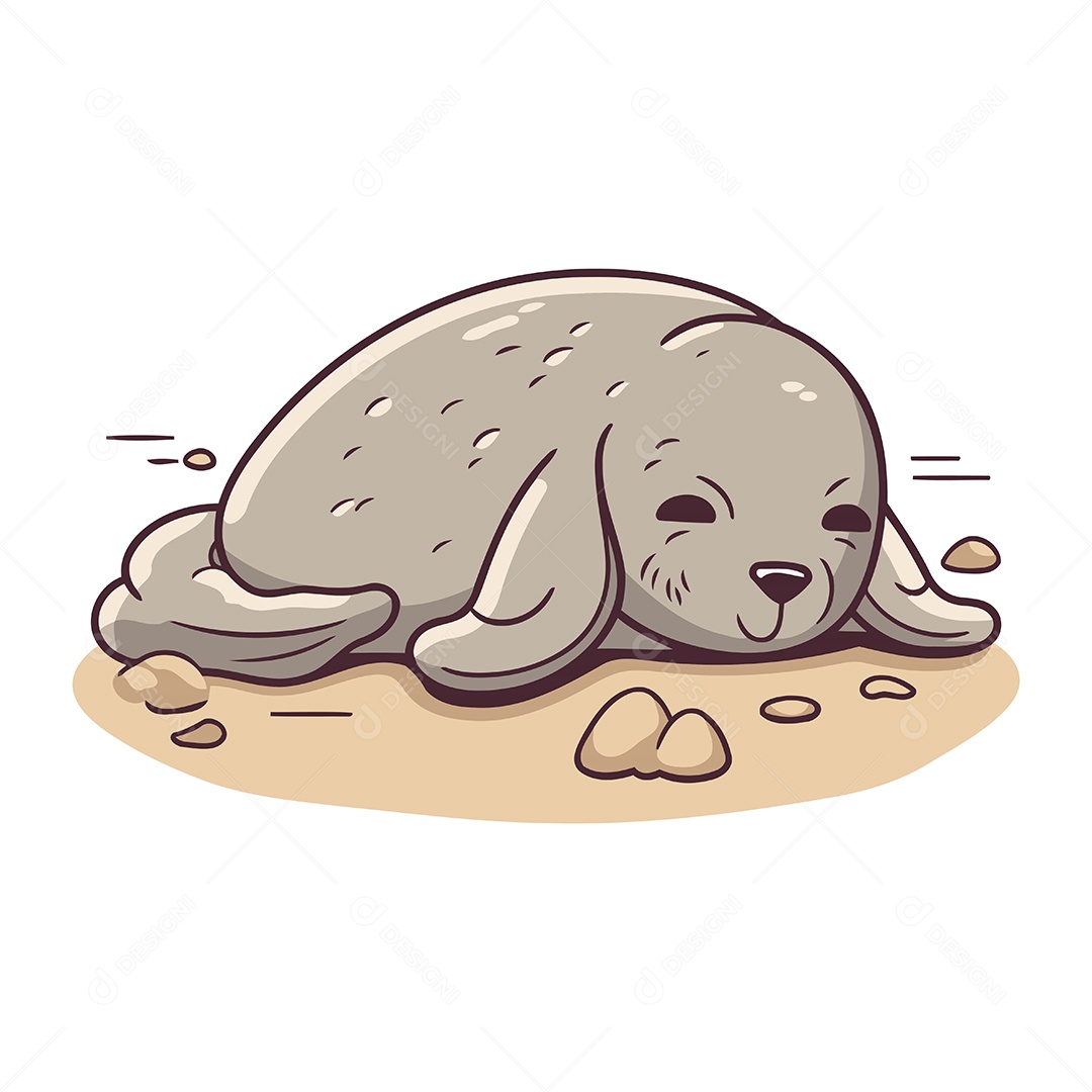 Foca Fofa Dormindo na Areia de Desenho Animado Ilustração Vetor EPS