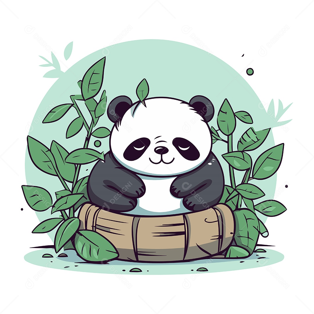 Urso Panda Fofo de Desenho Animado Sentado em uma Cesta de Bambu Ilustração Vetor EPS