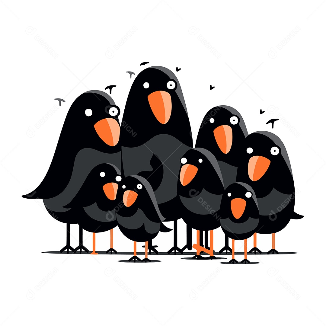 Grupo de Pássaros Pretos de Desenho Animado Ilustração Vetor EPS