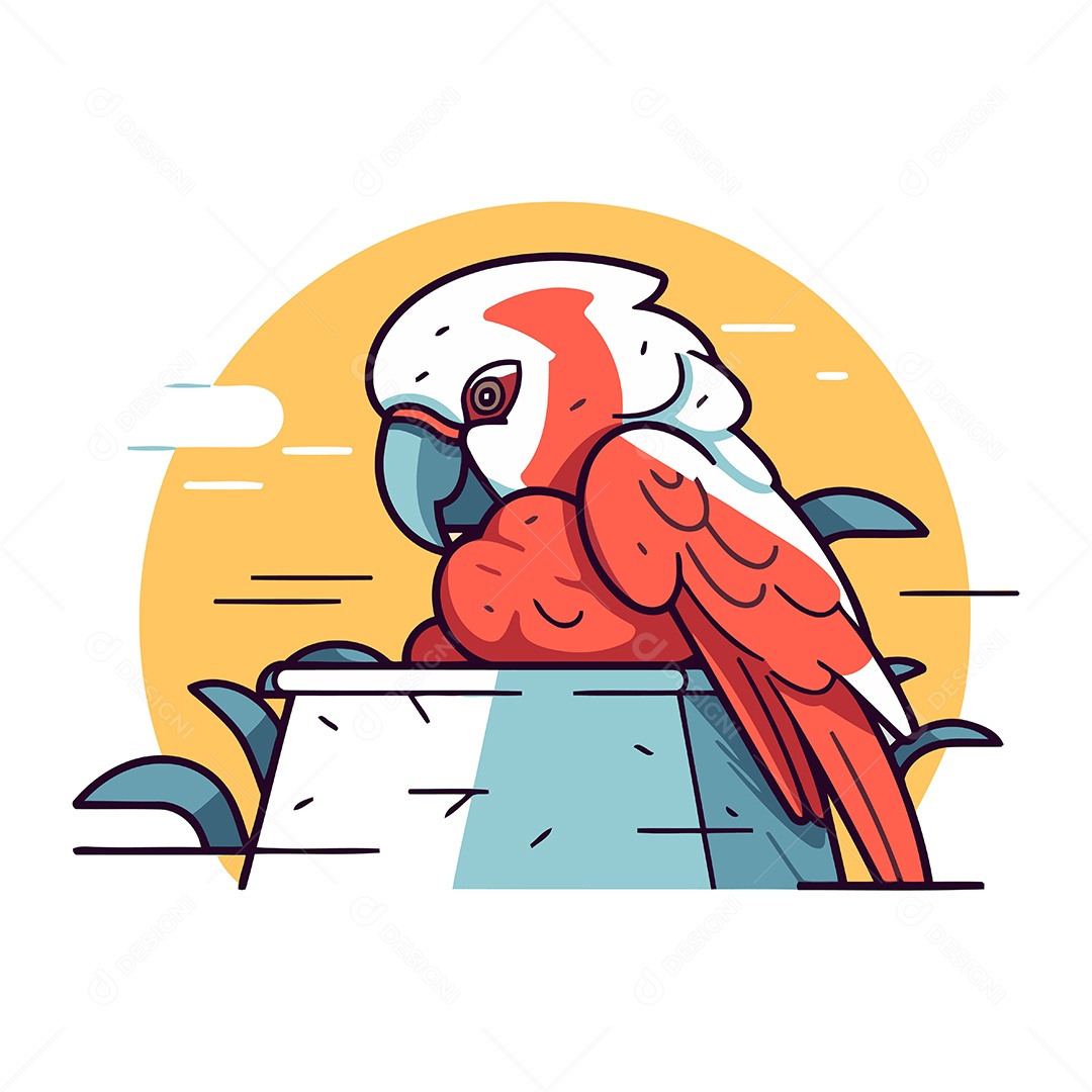 Papagaio Sentado na Pedra de Desenho Animado Ilustração Vetor EPS
