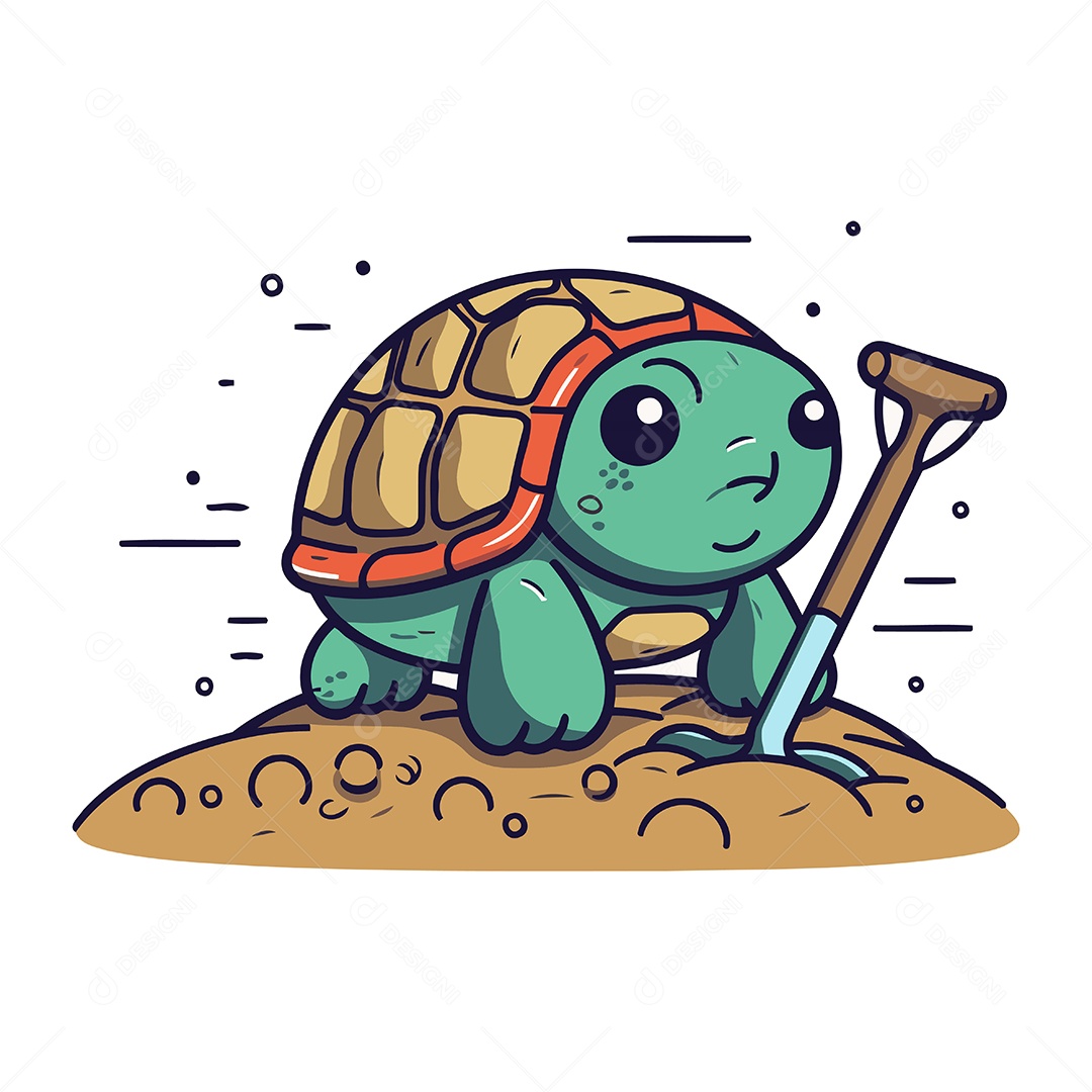 Tartaruga com uma Pá na Areia de Desenho Animado Ilustração Vetor EPS