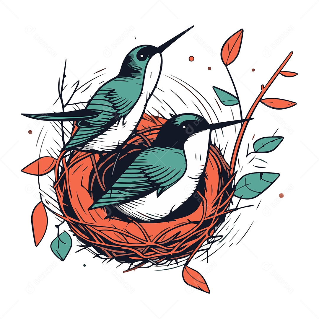 Beija Flores no Ninho de Desenho Animado Ilustração Vetor EPS