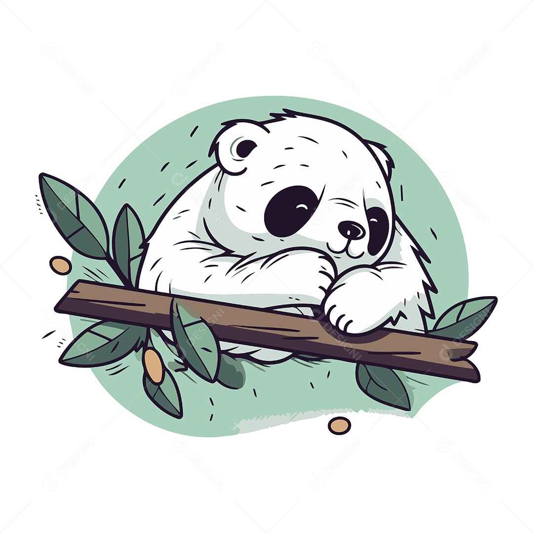 Panda Fofo de Desenho Animado em um Galho com Folhas Ilustração Vetor EPS