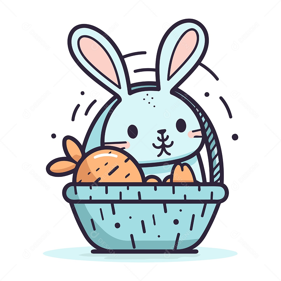 Coelho da Páscoa de Desenho Animado com Ovos na Cesta Ilustração Vetor EPS