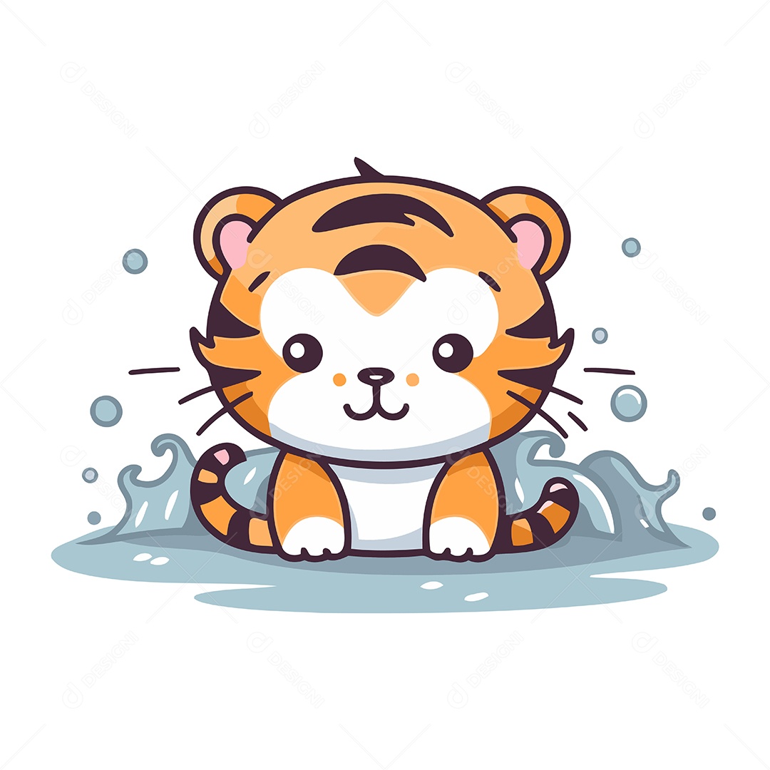 Tigre Fofo na Água de Desenho Animado Ilustração Vetor EPS