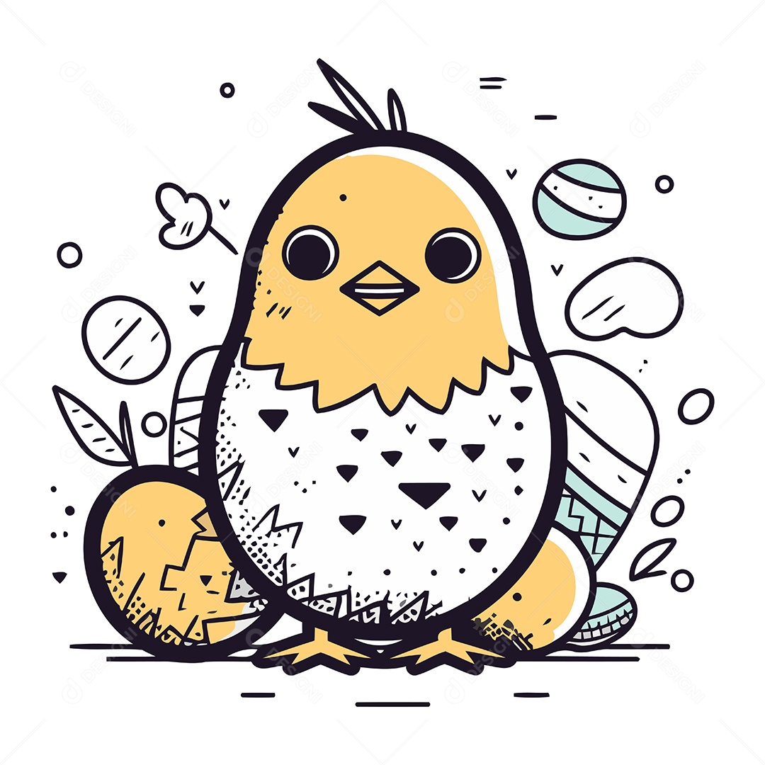 Pintinho Fofo com Ovos de Desenho Animado Ilustração Vetor EPS