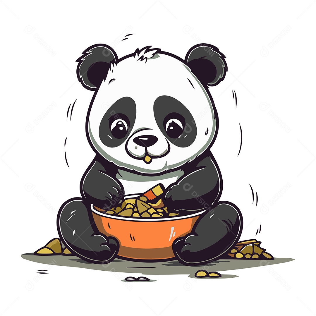 Panda Fofo Comendo Comida de uma Tigela Desenho Animado Ilustração Vetor EPS