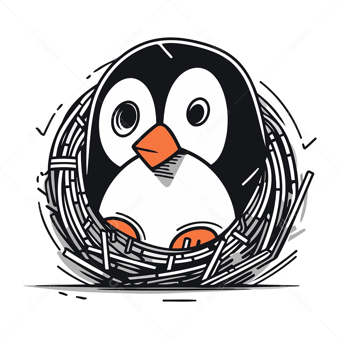 Pinguim Bonitinho no Ninho de Desenho Animado Ilustração Vetor EPS
