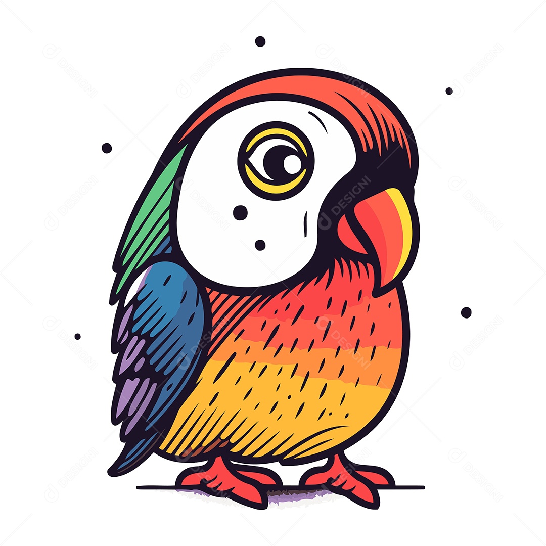 Papagaio Colorido Fofo de Desenho Animado Ilustração Vetor EPS