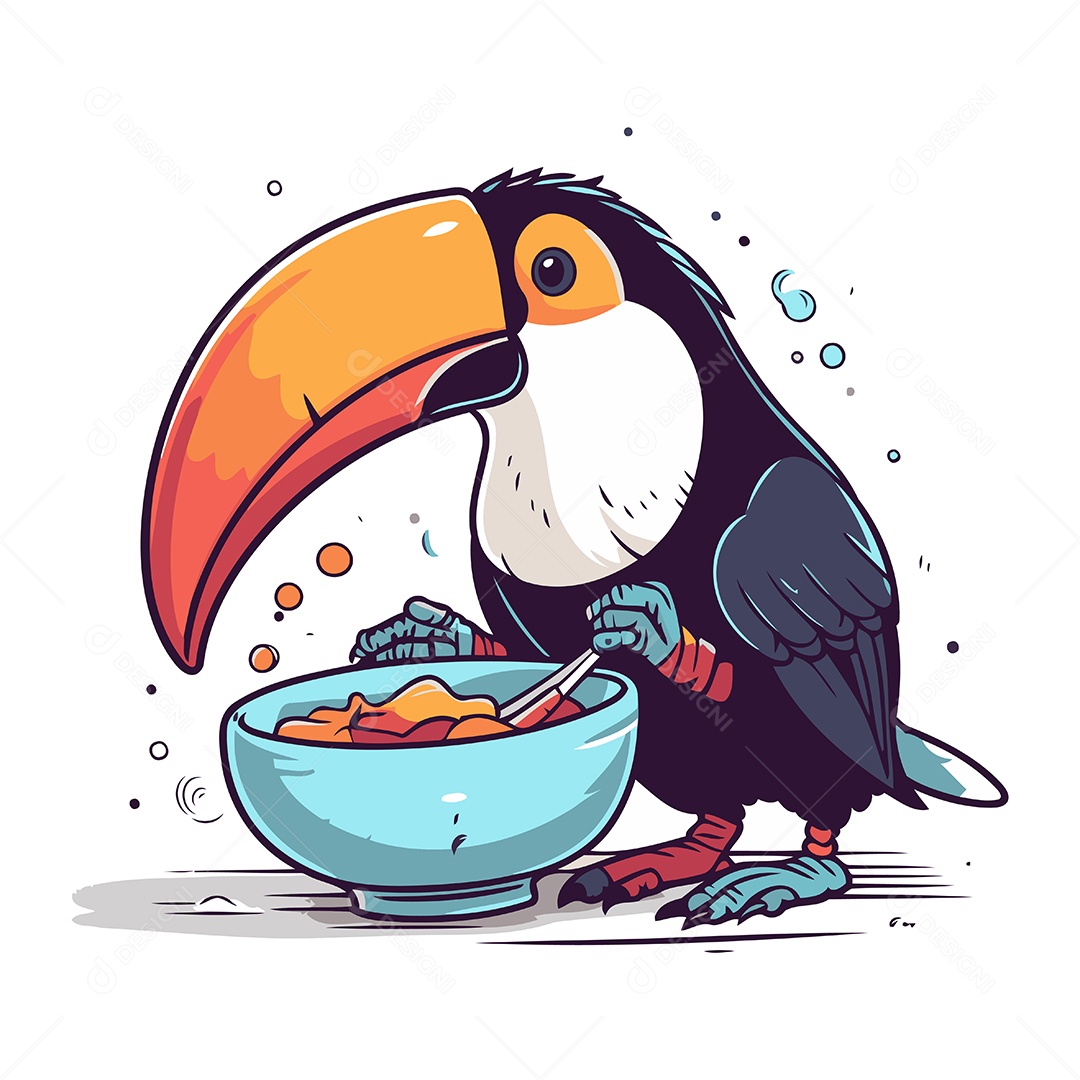 Tucano de Desenho Animado com Tigela de Cereais Ilustração Vetor EPS