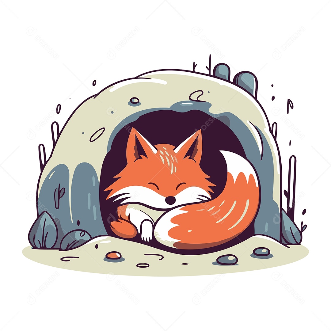 Raposa Fofa em uma Caverna de Desenho Animado Ilustração Vetor EPS