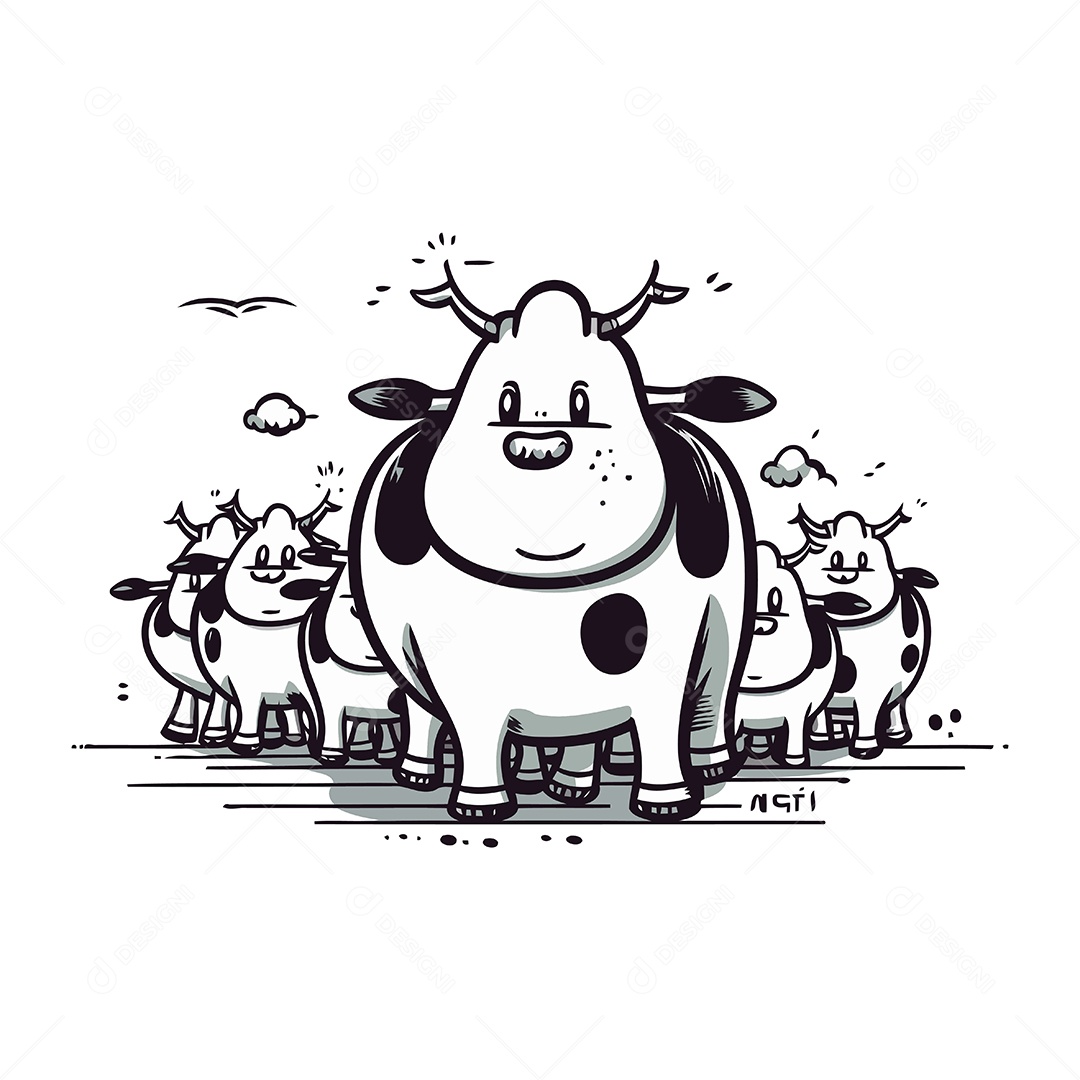 Vaca de Desenho Animado Com um Rebanho de Animais de Fazenda Ilustração Vetor EPS