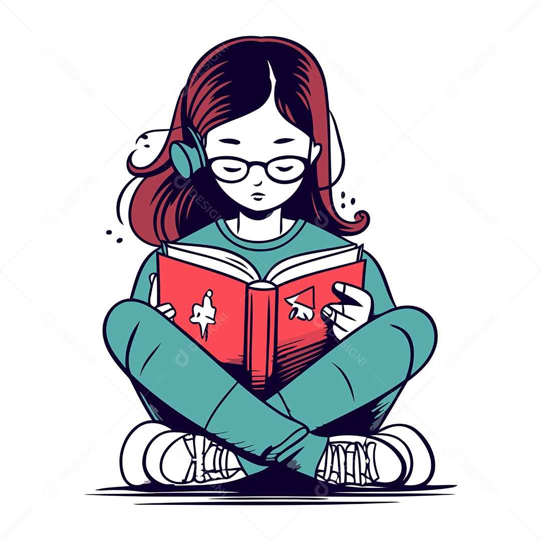 Menina Lendo um Livro de Desenho Animado Ilustração Vetor EPS