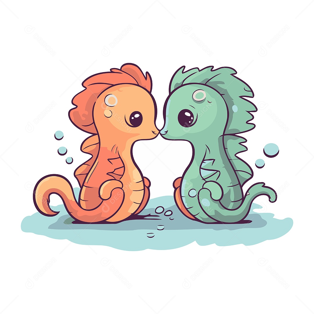 Bonito Casal de Cavalos Marinhos de Desenho Animado Ilustração Vetor EPS