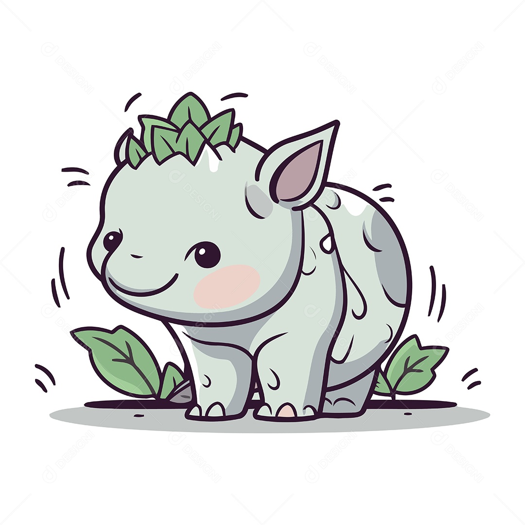 Rinoceronte de Desenho Animado Fofo com Folhas  Ilustração Vetor EPS
