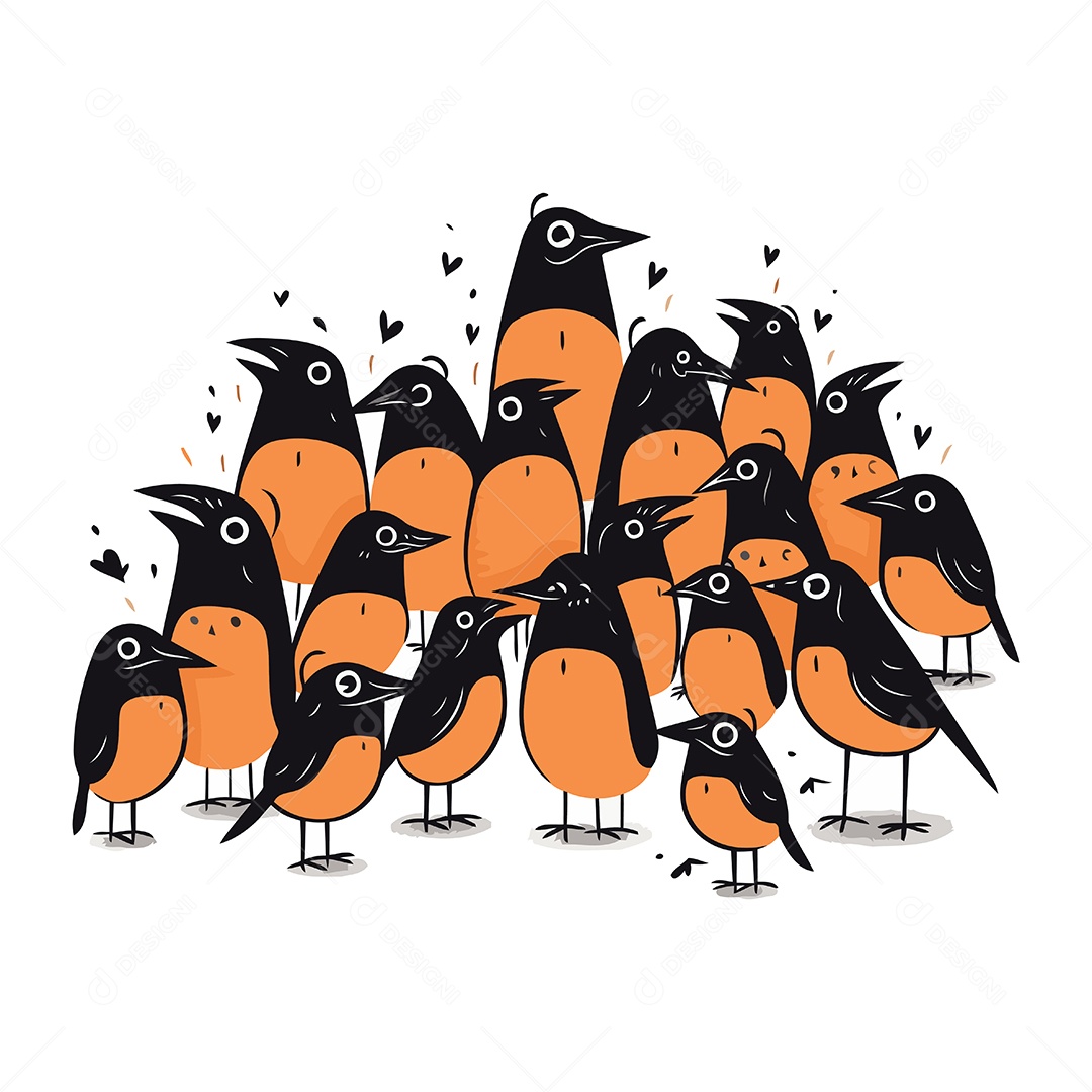 Pássaros Pretos e Laranja Fofos de Desenho Animado Ilustração Vetor EPS