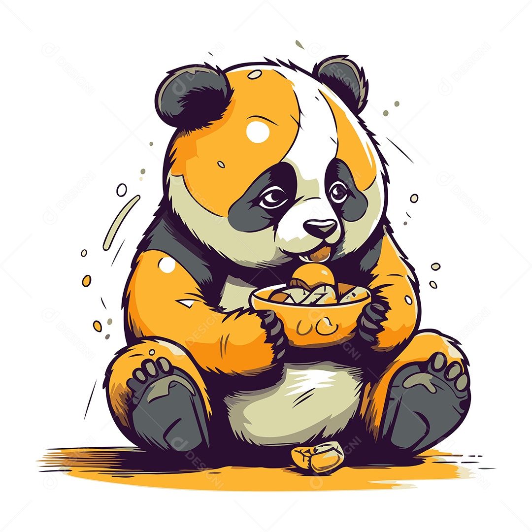 Panda Comendo Comida de Desenho Animado Ilustração Vetor EPS