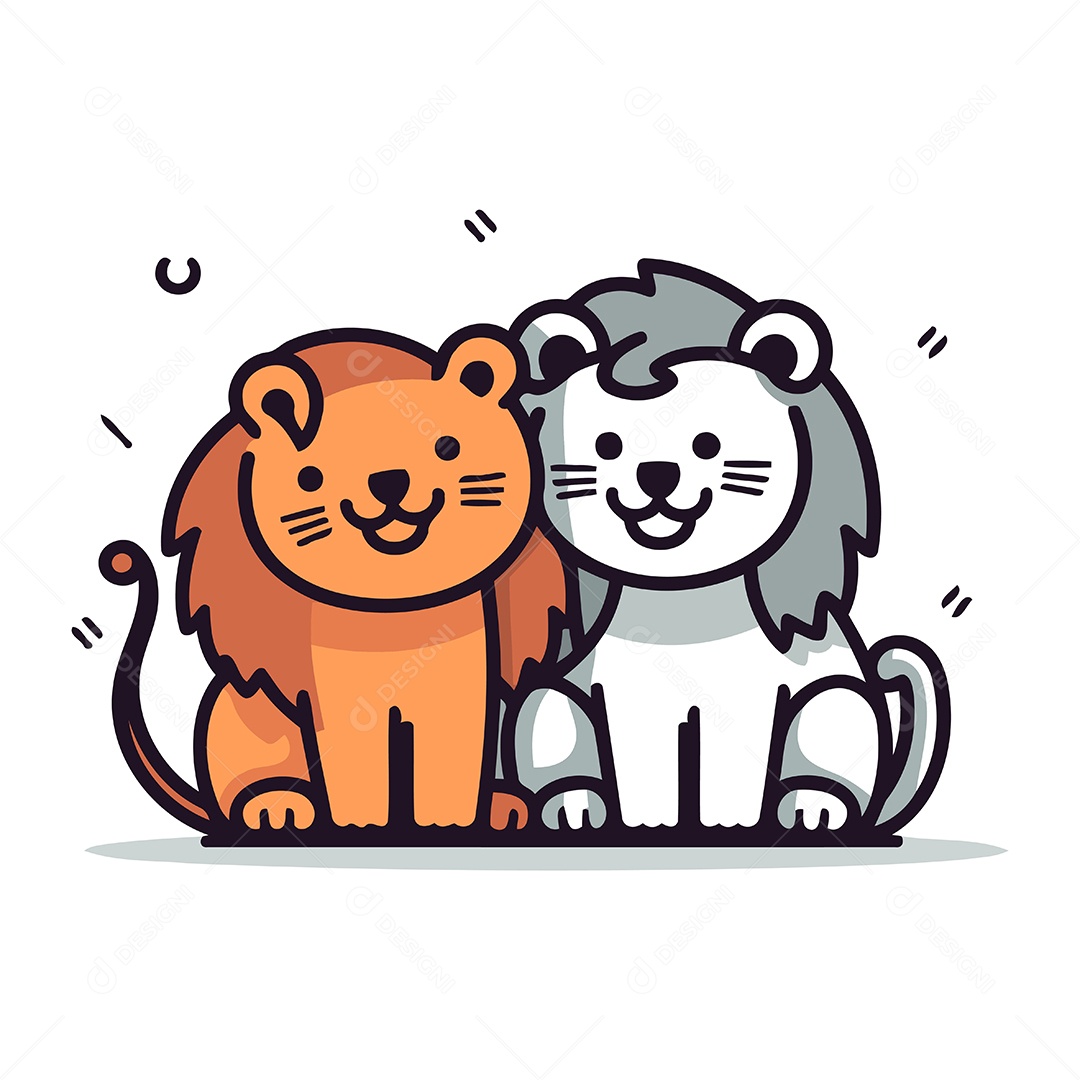 Leão e Leoa Fofos de Desenho Animado Ilustração Vetor EPS
