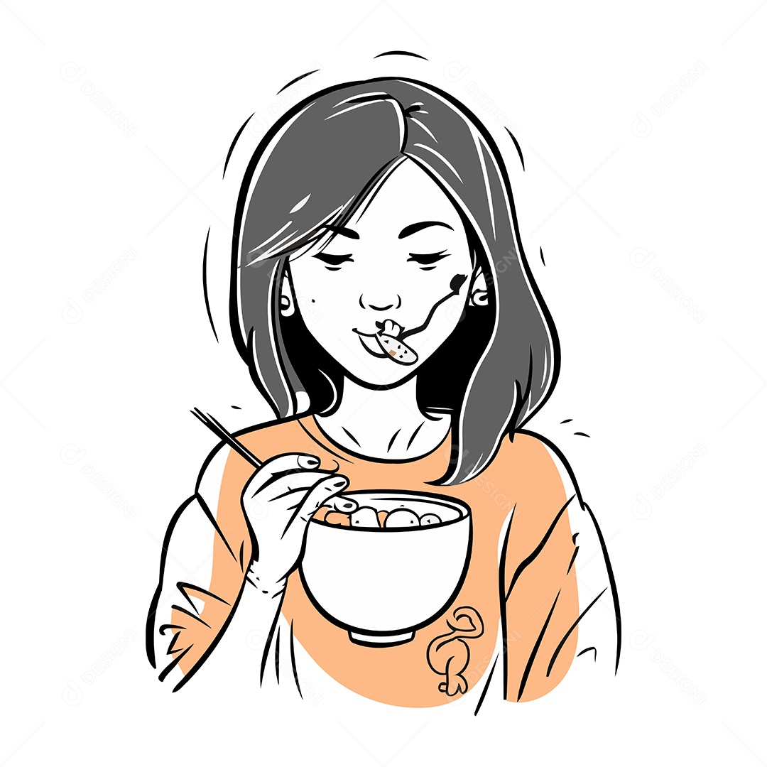 Ilustração de uma Jovem Mulher Comendo uma Tigela de Chocolate Quente Vetor EPS