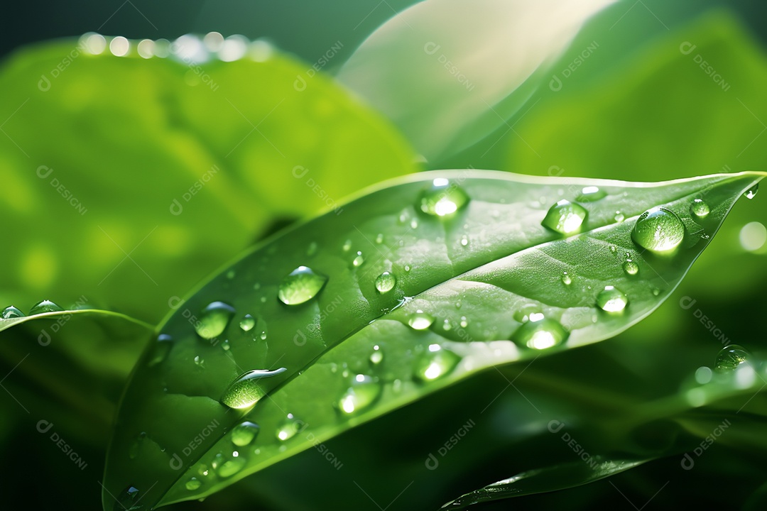 Linda macro de gotas de água de chuva transparentes em folhas verdes