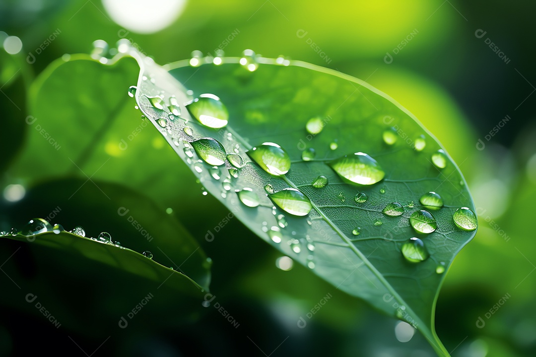 Linda macro de gotas de água de chuva transparentes em folhas verdes