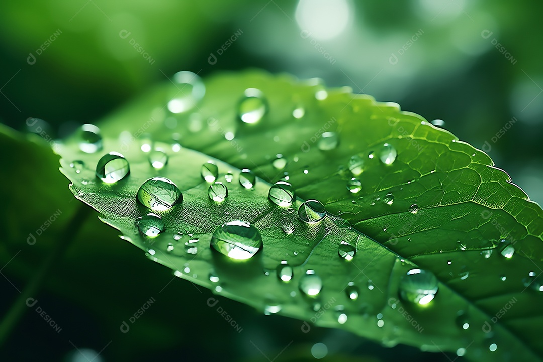 Linda macro de gotas de água de chuva transparentes em folhas verdes