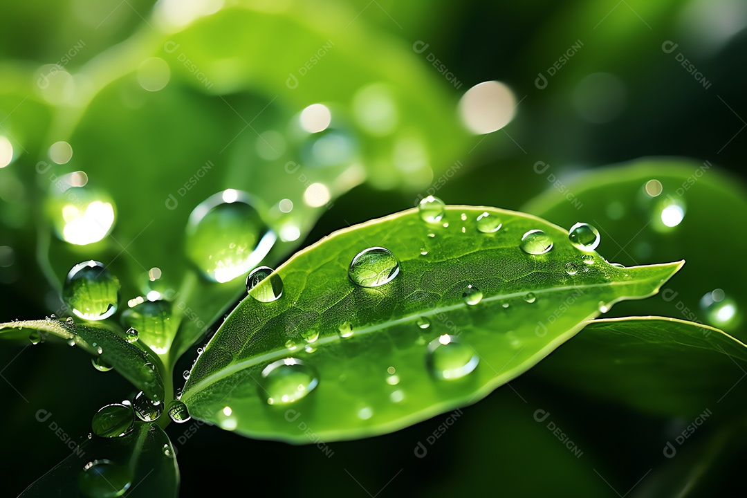 Linda macro de gotas de água de chuva transparentes em folhas verdes