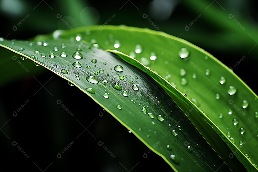 Linda macro de gotas de água de chuva transparentes em folhas verdes