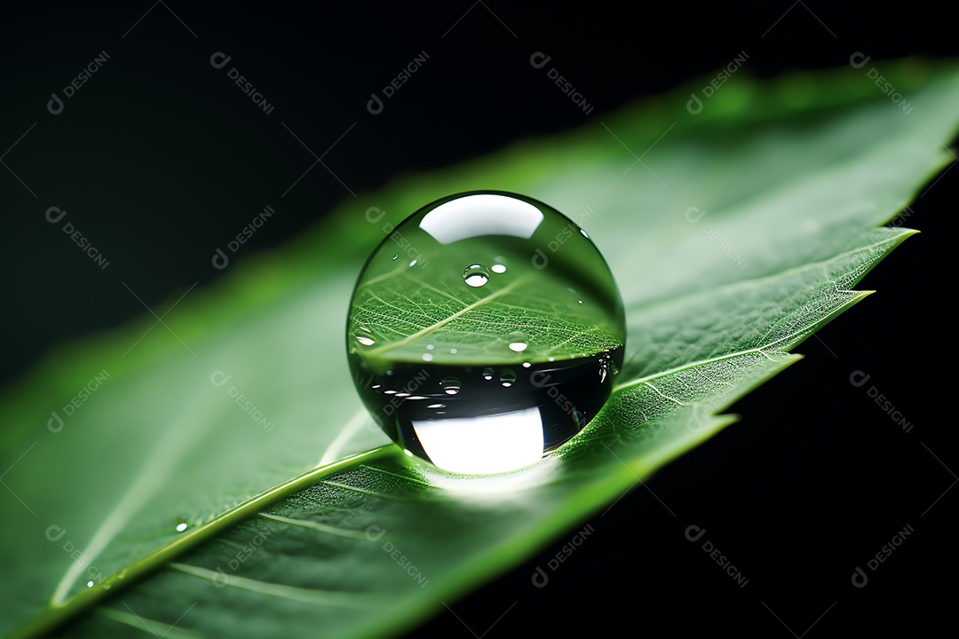Linda macro de gotas de água de chuva transparentes em folhas verdes