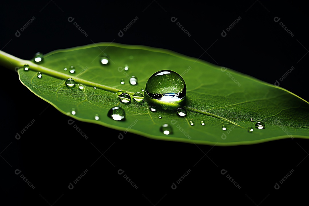 Linda macro de gotas de água de chuva transparentes em folhas verdes
