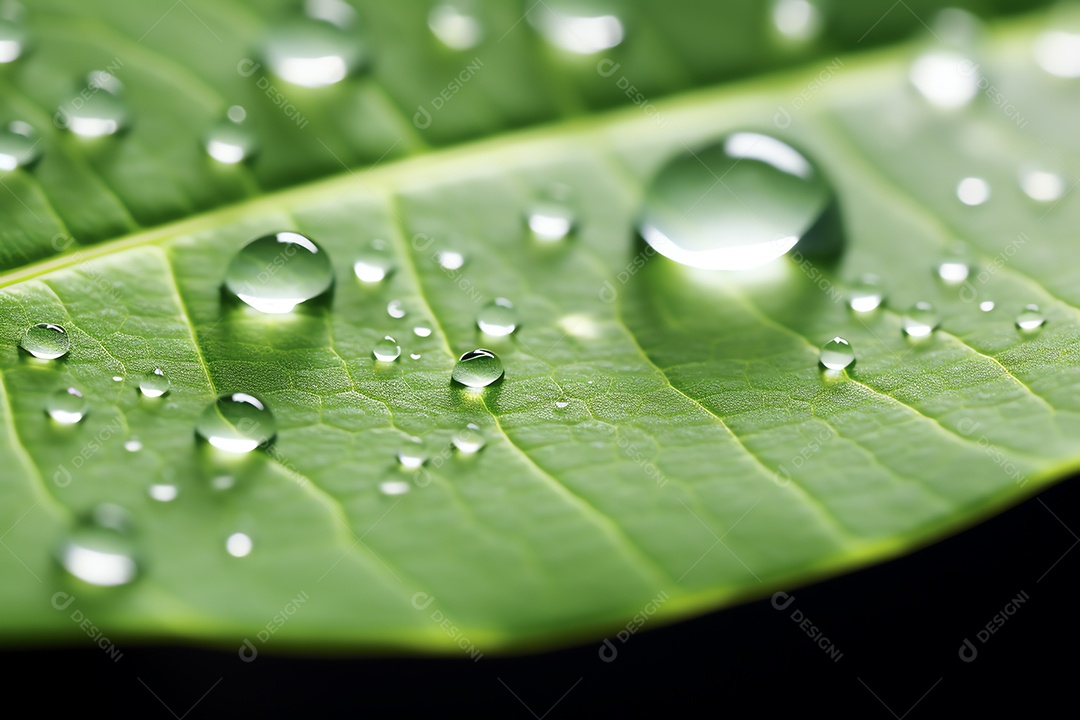 Linda macro de gotas de água de chuva transparentes em folhas verdes