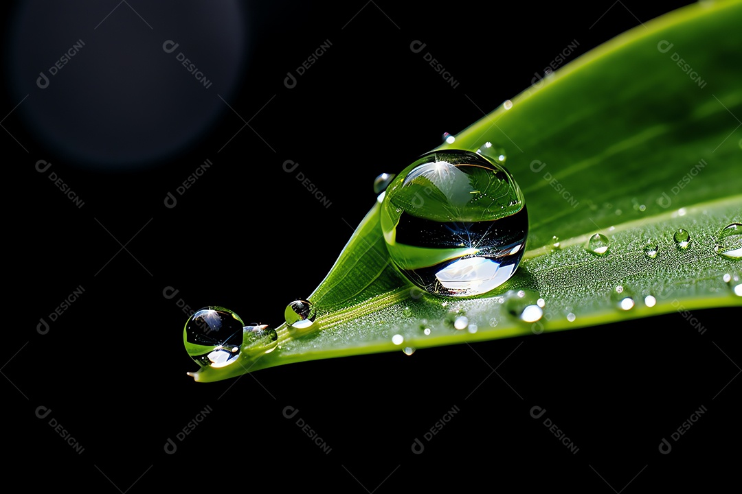 Linda macro de gotas de água de chuva transparentes em folhas verdes