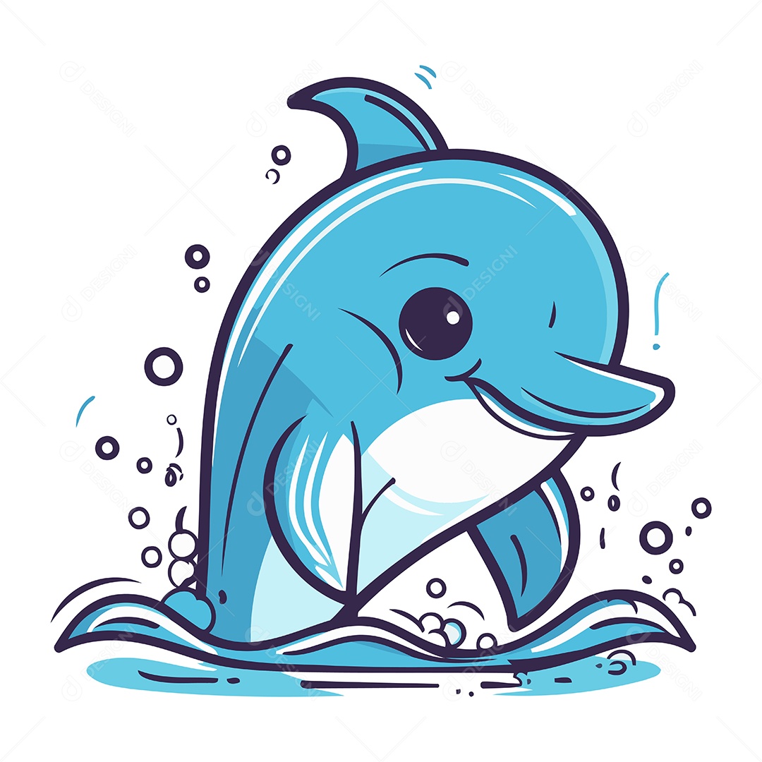 Golfinho Bonito de Desenho Animado Pulando para Fora da Água Ilustração Vetor EPS
