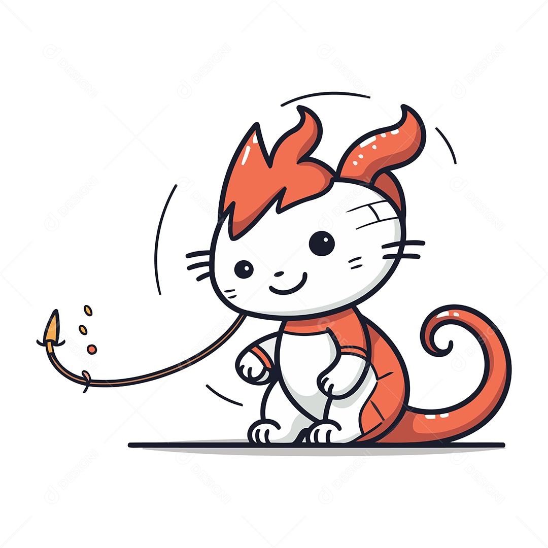 Gato Bonito Brincando com Uma Vara de Pescar Desenho Animado Ilustração Vetor EPS