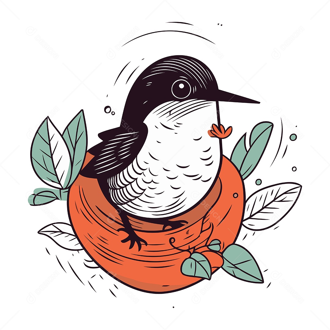 Passarinho Bonitinho Sentado em um Ninho com Folhas Ilustração Vetor EPS