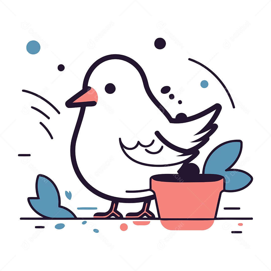 Pássaro Fofo com uma Flor em um Vaso Ilustração Vetor EPS